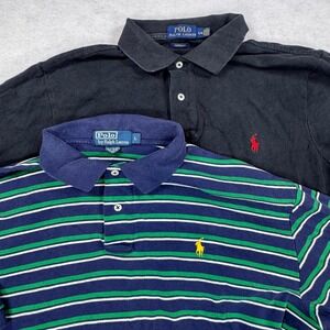 Lot of 2 Polo Ralph Lauren Mens Polo Shirts Large Black Striped Custom Fit L